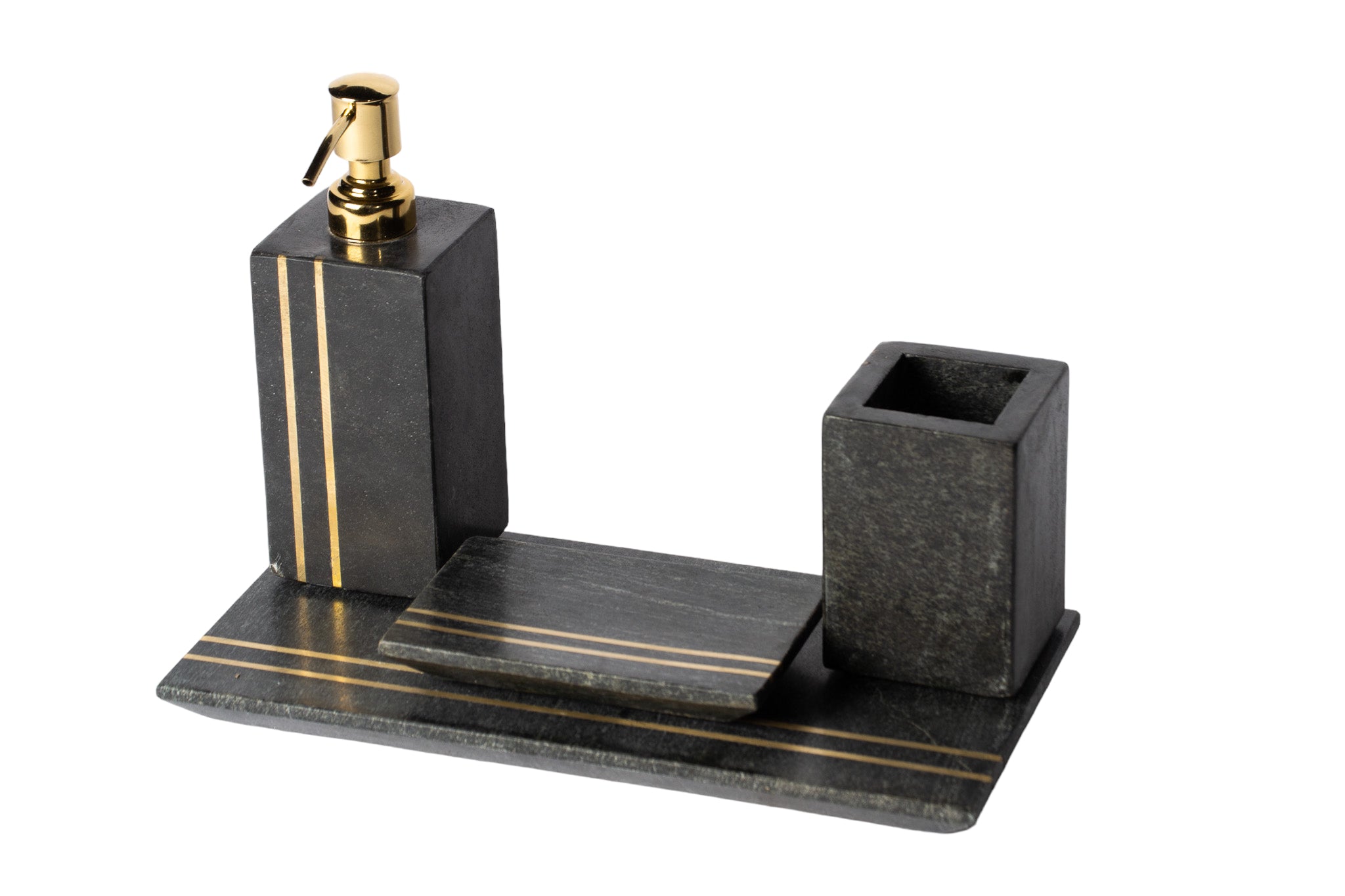 Siyah Pirinç Detaylı 4'lü Mermer Banyo Seti