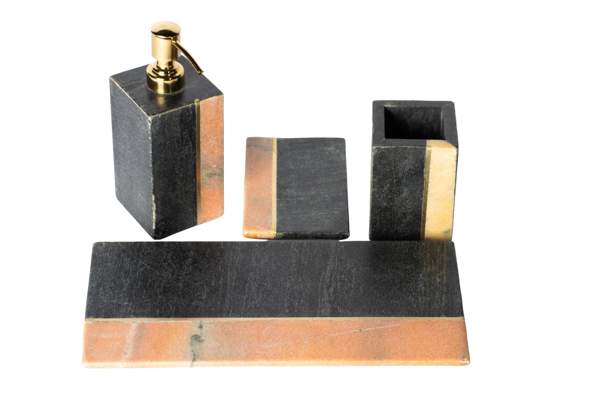 Kremit-Siyah Pirinç Detaylı 4'lü Mermer Banyo Seti