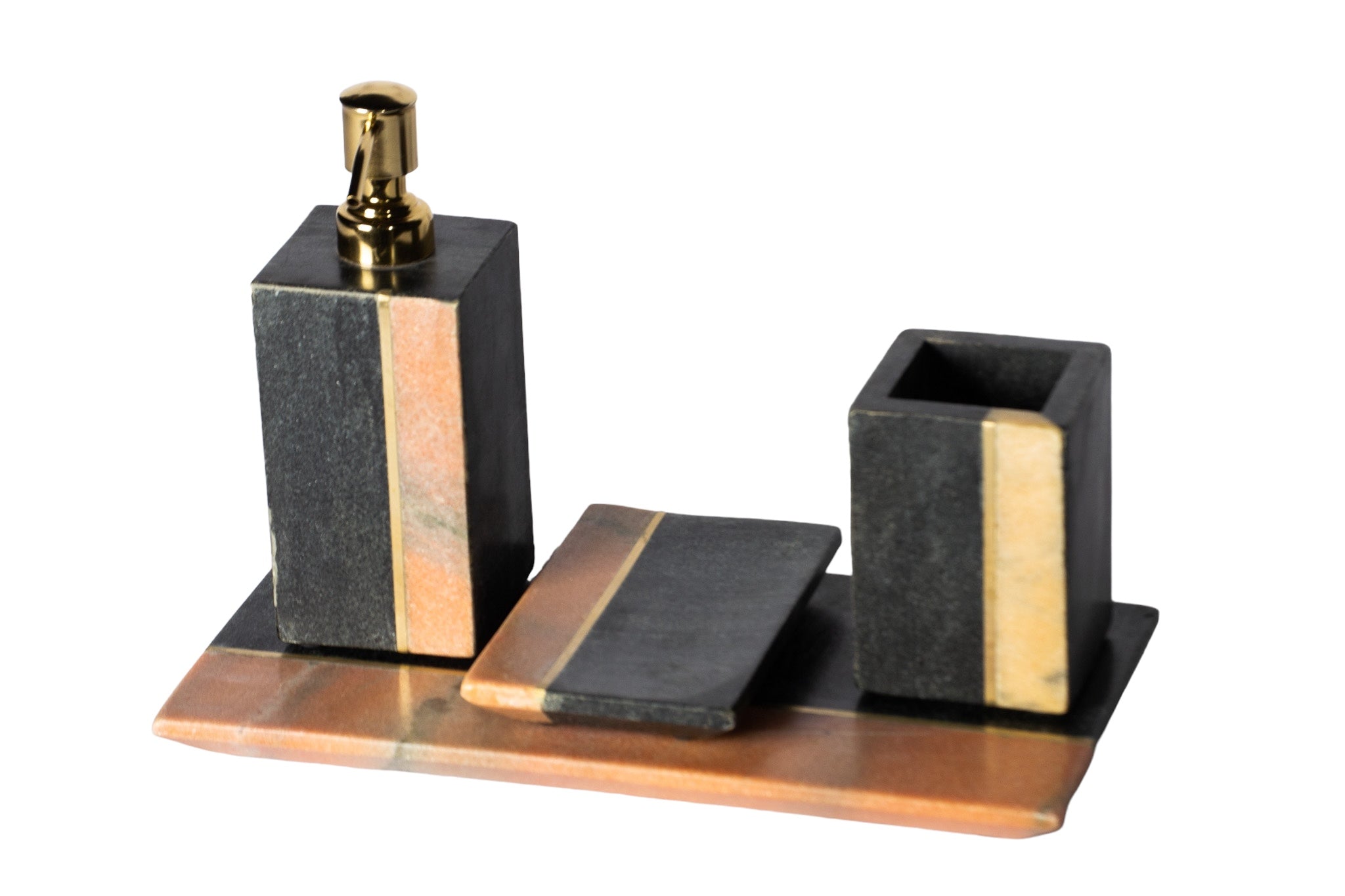 Kremit-Siyah Pirinç Detaylı 4'lü Mermer Banyo Seti