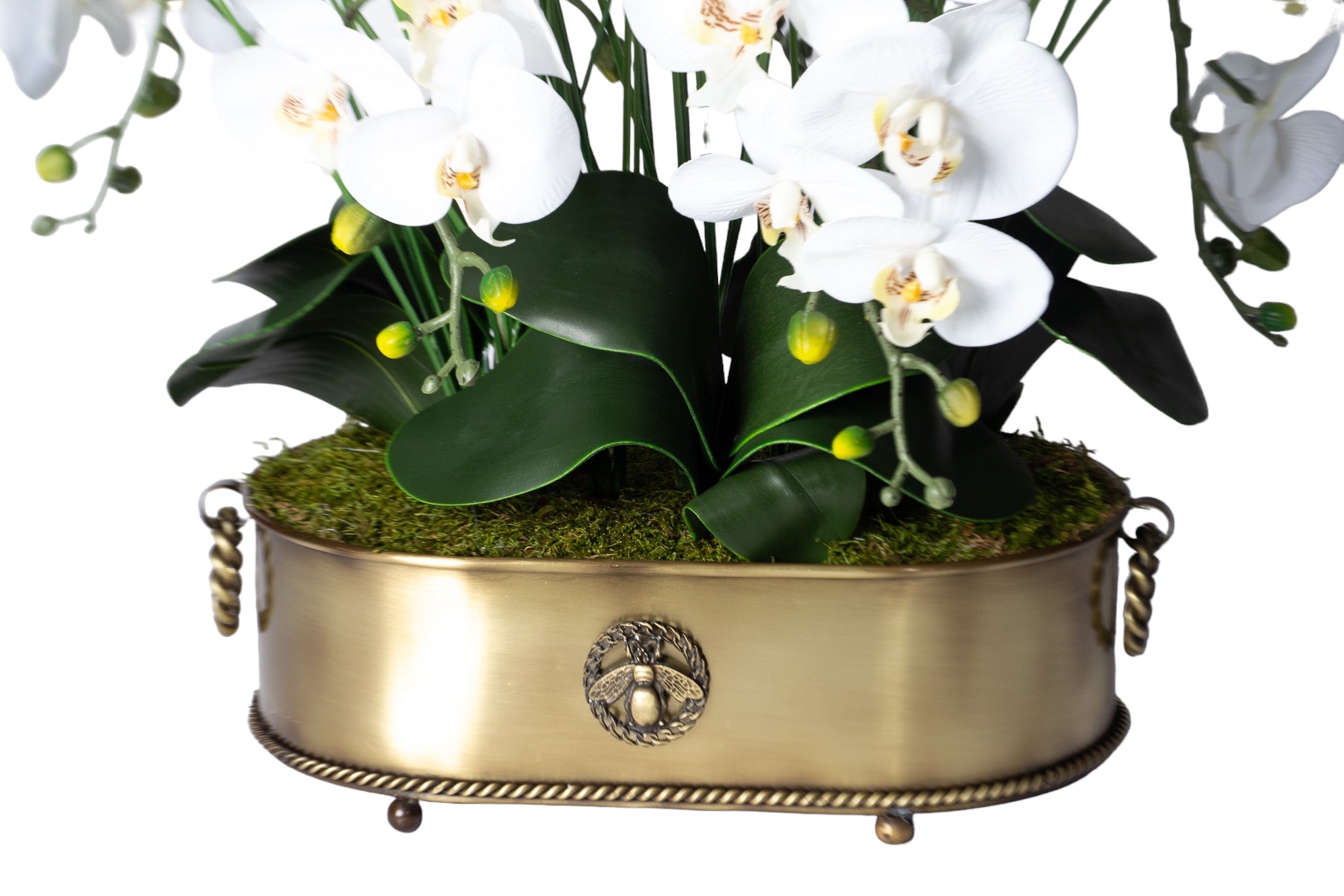 Pirinç Saksı Detaylı Çok Dallı Beyaz Orkide Aranjmanı