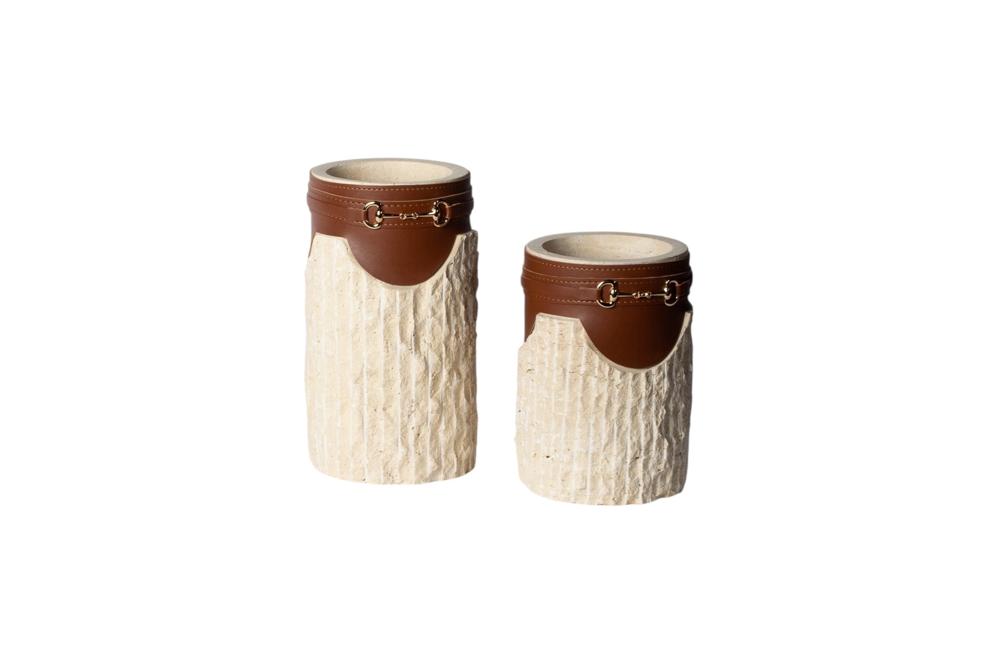 Deri Detaylı 2'li Traverten Vazo