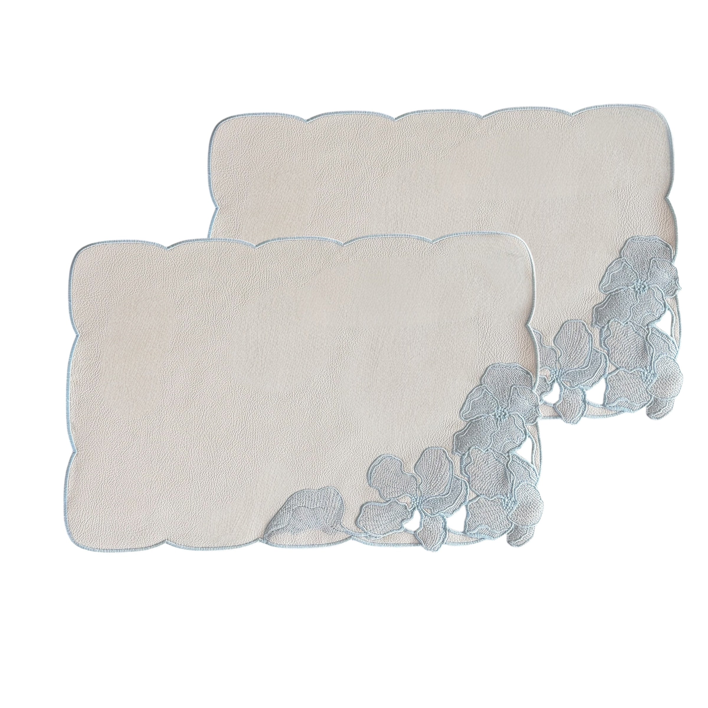 Mare 2'li Kırık Beyaz üzeri Açık Mavi Çiçek Nakışlı Deri Amerikan Servis