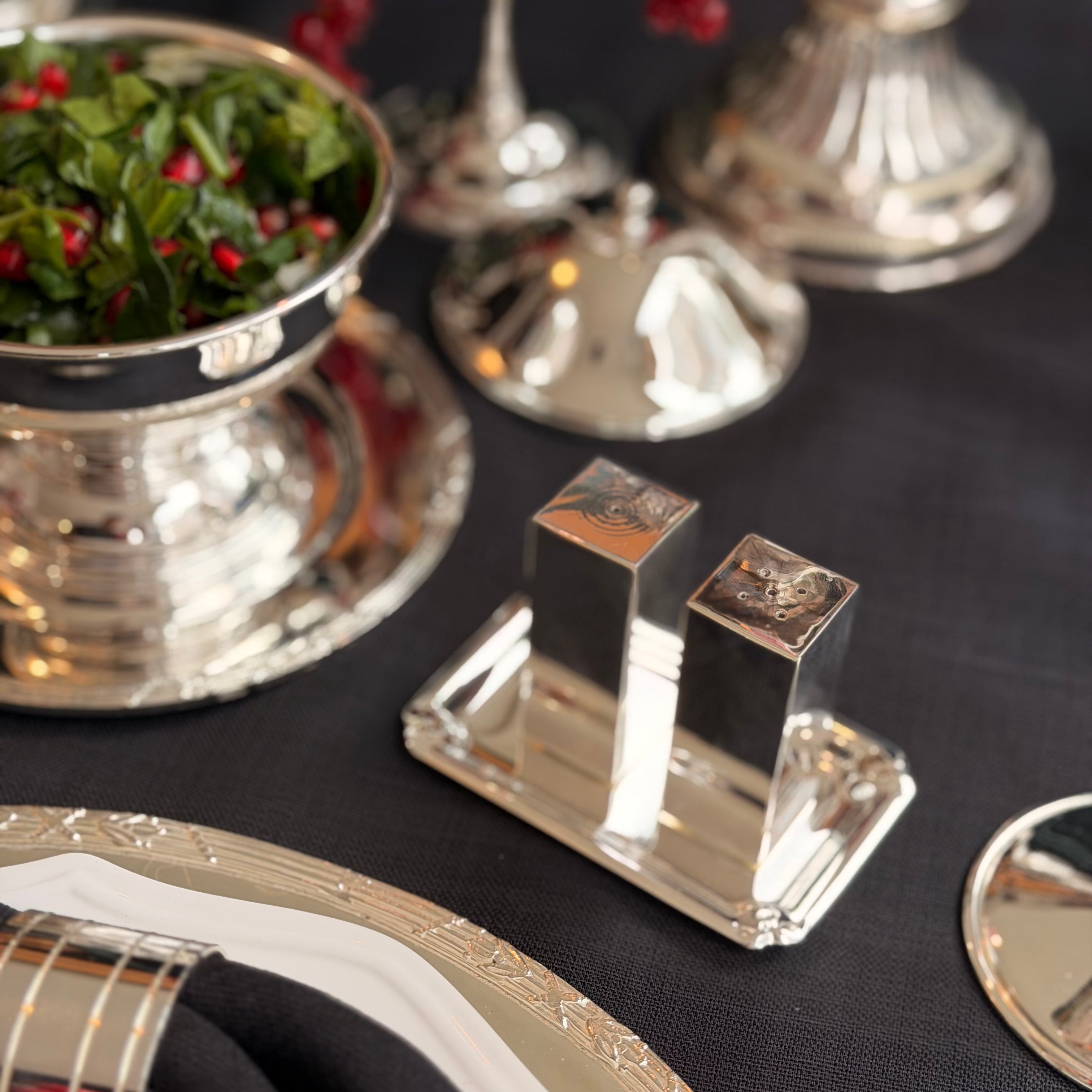 Gümüş Uzun Dikdörtgen Tepsi Detaylı Tuzluk/Biberlik